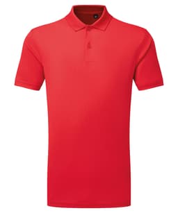 A red textured polo shirt featuring a collar and three-button placket, with a logo on the chest.