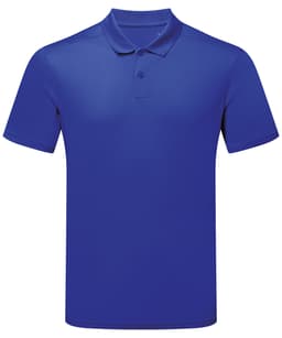A blue cationic recycled textured polo shirt with a collar and three buttons, featuring a logo.
