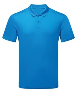 A bright blue polo shirt made from recycled material, featuring a collar and buttons. The shirt has a logo on it.
