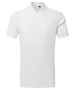 A plain white polo shirt with a textured design and a logo on the chest area.