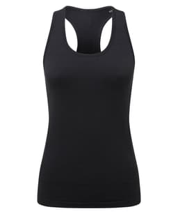 A black seamless tank top with a racerback design and a subtle logo on the front.