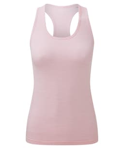 A pink sleeveless sport vest with a seamless design, featuring a racerback style and a small logo.