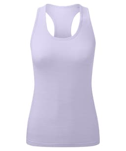 A lavender sport vest with a seamless design and racerback style, featuring a logo on the front.