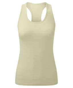 A light yellow sport vest featuring a seamless design and a racerback style. The vest has a logo on it.