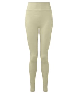 A pair of recycled seamless 3D fit sport flex leggings in a light green shade, featuring a logo.