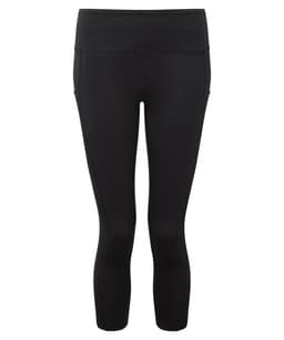 A pair of 3/4 length leggings in black featuring a waistband and pockets, with a logo on the side.