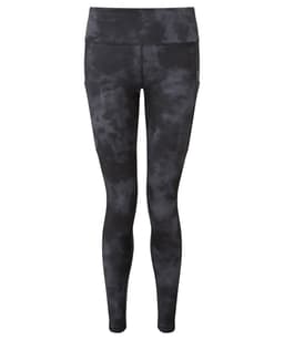 A pair of black and grey tie-dye full-length leggings with a high waistband and side pockets.