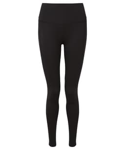 Black full-length leggings with a high waistband, featuring a logo on one side. Made from recycled performance material.