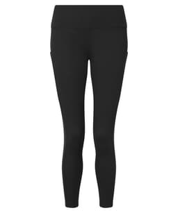 Black 7/8 leggings made from recycled materials, featuring a fitted design and a waistband. Includes a logo.