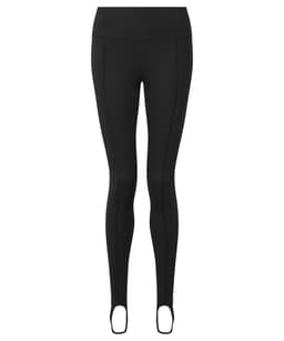 Black stirrup leggings made from recycled materials, featuring a seamless design and branding.