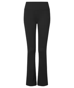 Black recycled flare leggings with a fitted waistband, featuring a logo on the waistband.