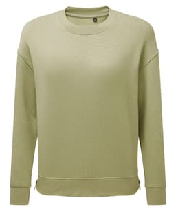 A light olive green sweatshirt with a relaxed fit, featuring a simple design and a subtle logo.