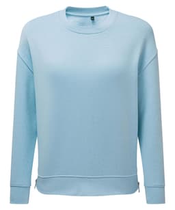 A light blue sweatshirt with a relaxed fit, featuring long sleeves and a logo on the front.