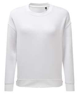 A white sweatshirt featuring a relaxed fit and long sleeves, with a logo on the front.