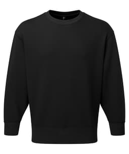 A black unisex sweatshirt with long sleeves and a crew neck, featuring a logo on the front.