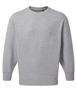 A grey unisex sweatshirt made from recycled materials, featuring a simple design and comfortable fit. It has a logo.