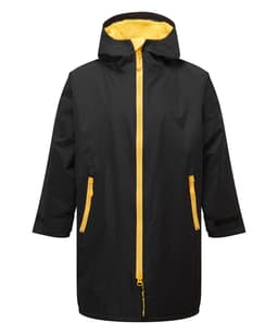 A black waterproof changing robe with a yellow lining and zip, featuring pockets and a hood.