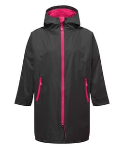 A black waterproof changing robe with a pink zip and inner lining, featuring two zippered front pockets and a hood.