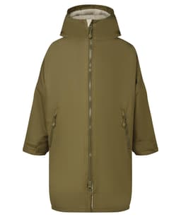 A green waterproof changing robe with a hood, featuring a zip front and side pockets. It has a soft inner lining.
