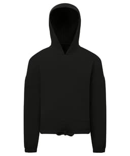A black cropped oversized hoodie featuring a hood and elastic cuffs, with a logo on the front.