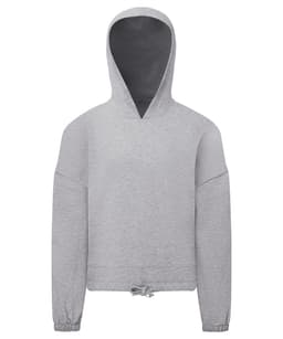 A grey oversized cropped hoodie with a hood and drawstring at the bottom, featuring long sleeves.