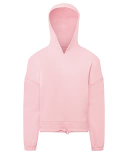 A pink cropped oversize hoodie with long sleeves and a drawstring hem, featuring a hood.