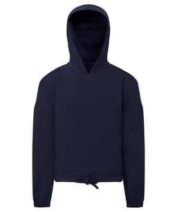A navy blue cropped oversized hoodie with a hood and drawstring at the hem. It has a branded logo.