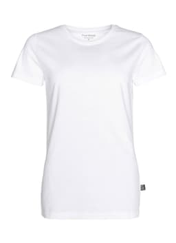 A white women's T-shirt with a crew neck and a logo at the hem. Simple and classic design.