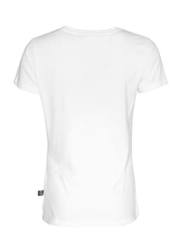A white women's T-shirt featuring a short sleeve design and a small logo on the side.