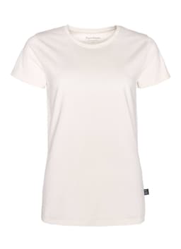 A women's T-shirt in white, featuring a standard crew neckline and short sleeves. Includes a branding logo.