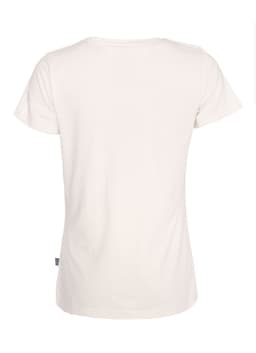 A white women's t-shirt with short sleeves and a back view, featuring a small logo at the hem.