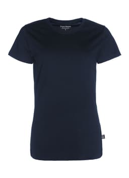 A women's T-shirt in navy blue featuring a classic crew neckline and a logo tag.