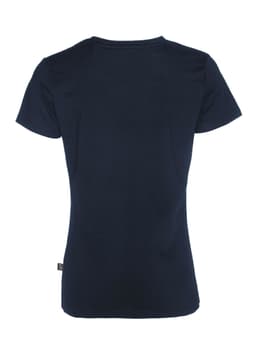 A navy women's T-shirt with a fitted design and short sleeves. It features a small logo on the side.