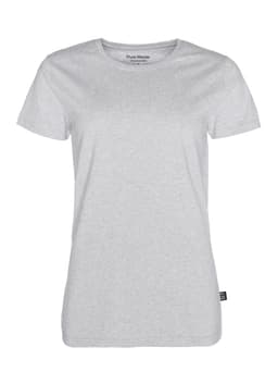 A women's grey T-shirt featuring a crew neckline and short sleeves, with a branded label on the side.
