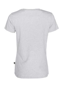 A grey women's T-shirt with a round neckline and short sleeves, featuring a small logo label on the side.
