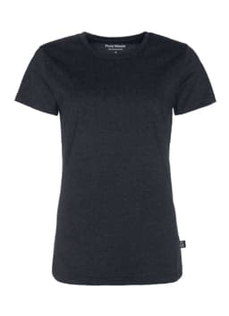 A black women's T-shirt with a crew neck and short sleeves, featuring a logo tag on the side.