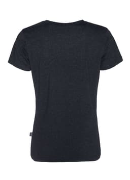 A women's t-shirt in dark grey with a fitted design and a branding label at the hem.