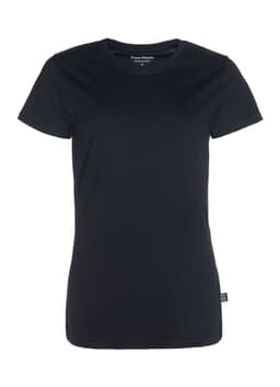 A black women's T-shirt with a fitted style and a logo on the label. Classic round neckline and short sleeves.