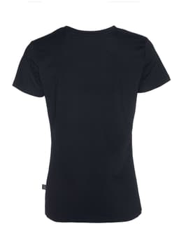 A black women's T-shirt featuring a fitted design and short sleeves on a plain background. It has a branding label.
