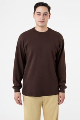 A brown heavy thermal crewneck jumper with long sleeves and a relaxed fit, featuring a logo.