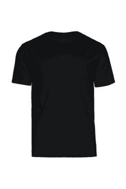 A black t-shirt with a plain back, featuring a logo at the neckline.