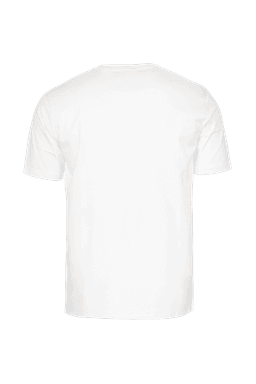 A plain white t-shirt with a traditional crew neck and short sleeves, featuring a logo on the back.
