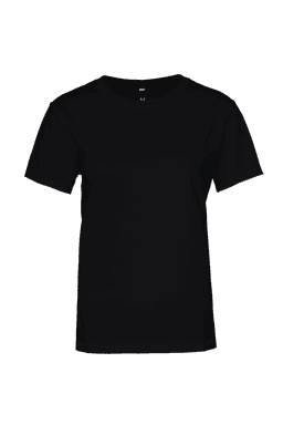 A black women's t-shirt with short sleeves and a crew neckline, featuring a branding logo.