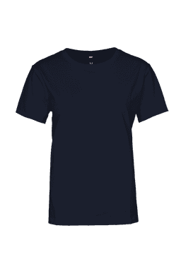A navy T-shirt for women, featuring a classic crew neck and short sleeves, with a logo on the label.