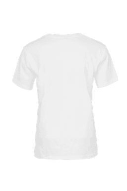 A white women's t-shirt featuring a classic crew neck and short sleeves, with a branded logo on the back.