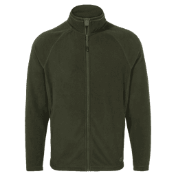 A green polar fleece jacket with a zip-up front and high collar, featuring a logo on the hem.