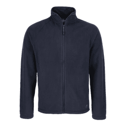 A navy blue fleece jacket with a zip front and a subtle logo on the side.