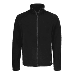 A black fleece jacket with a zip front and a logo on the hem. Suitable for casual wear or layering.