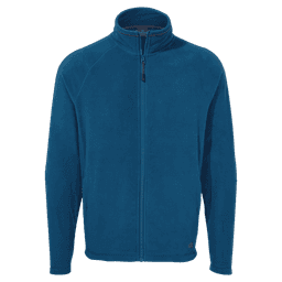 A blue polar fleece jacket with a high collar and zip closure, featuring long sleeves. The jacket has a logo.