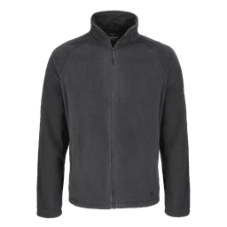 A grey fleece jacket with a zip front and high collar. The jacket features a logo on the lower side.